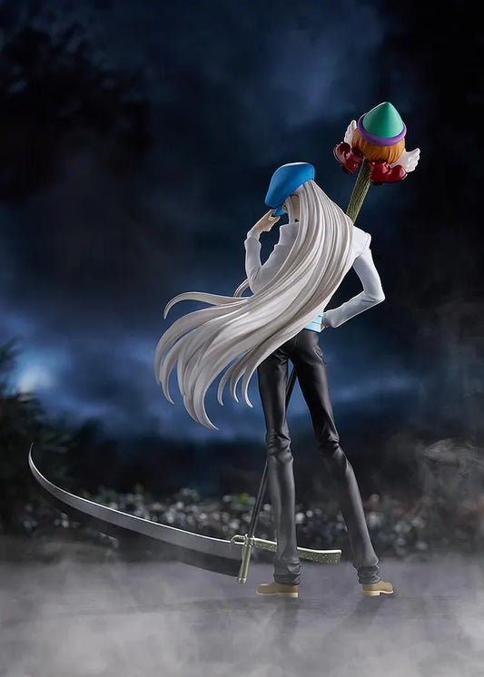 HUNTER x HUNTER POP UP PARADE Kcyytt Kite Figure featuring Kite with long silver hair, blue cap, white shirt, and large scythe weapon accessory.