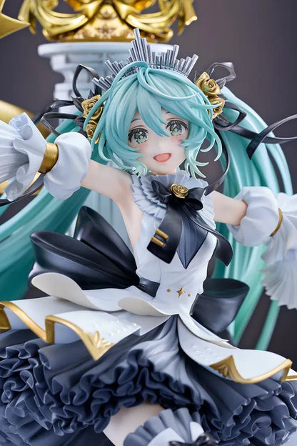 Hatsune Miku Symphony 10th Anniversary Ver. 1/7 scale figure with flowing turquoise hair, doves, gold ribbons, stars, and an ornate dress.