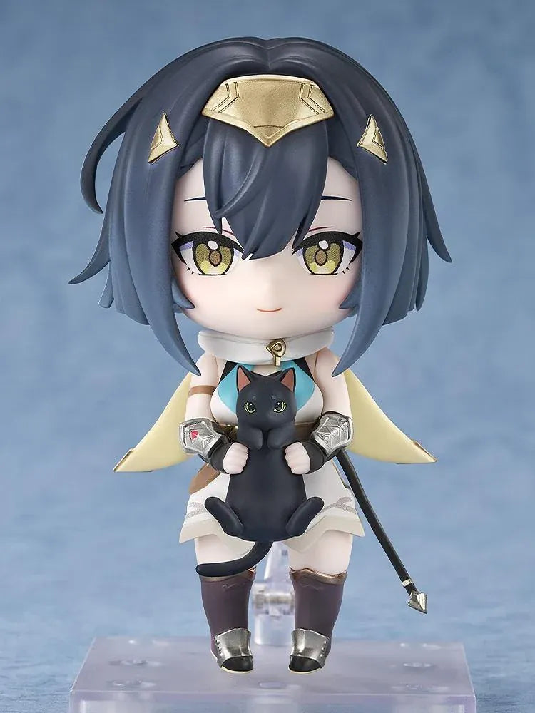 Stella Sora Nendoroid Amber Figure featuring a dark blue-haired anime girl with golden eyes wearing a white and teal outfit with gold accents, black gloves, armored boots, and holding two silver weapons.