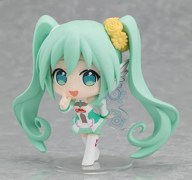 Eight featured Racing Miku All Stars Vol.2 chibi figure designs with turquoise twin-tails, varied outfits, crowns, flowers, goggles, and playful poses.