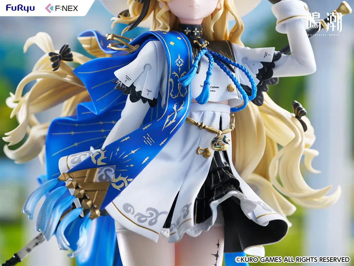 Wuthering Waves Phoebe 1/7 scale figure by FuRyu F:NEX featuring blue and white outfit with staff on floral garden base