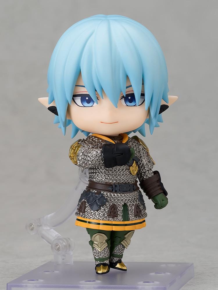 Final Fantasy XIV Nendoroid Haurchefant with pale blue hair, silver chainmail, a sword, and a black shield bearing a red unicorn emblem.