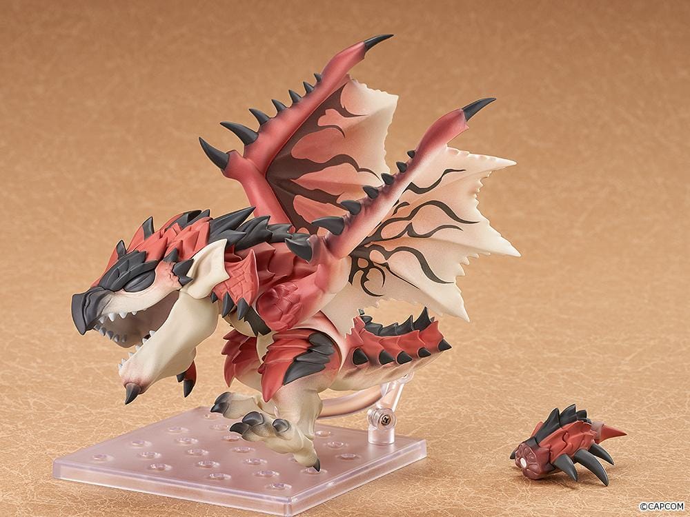 Monster Hunter Series Nendoroid Rathalos Figure featuring red scales, large patterned wings, black spikes, and an open-mouth pose