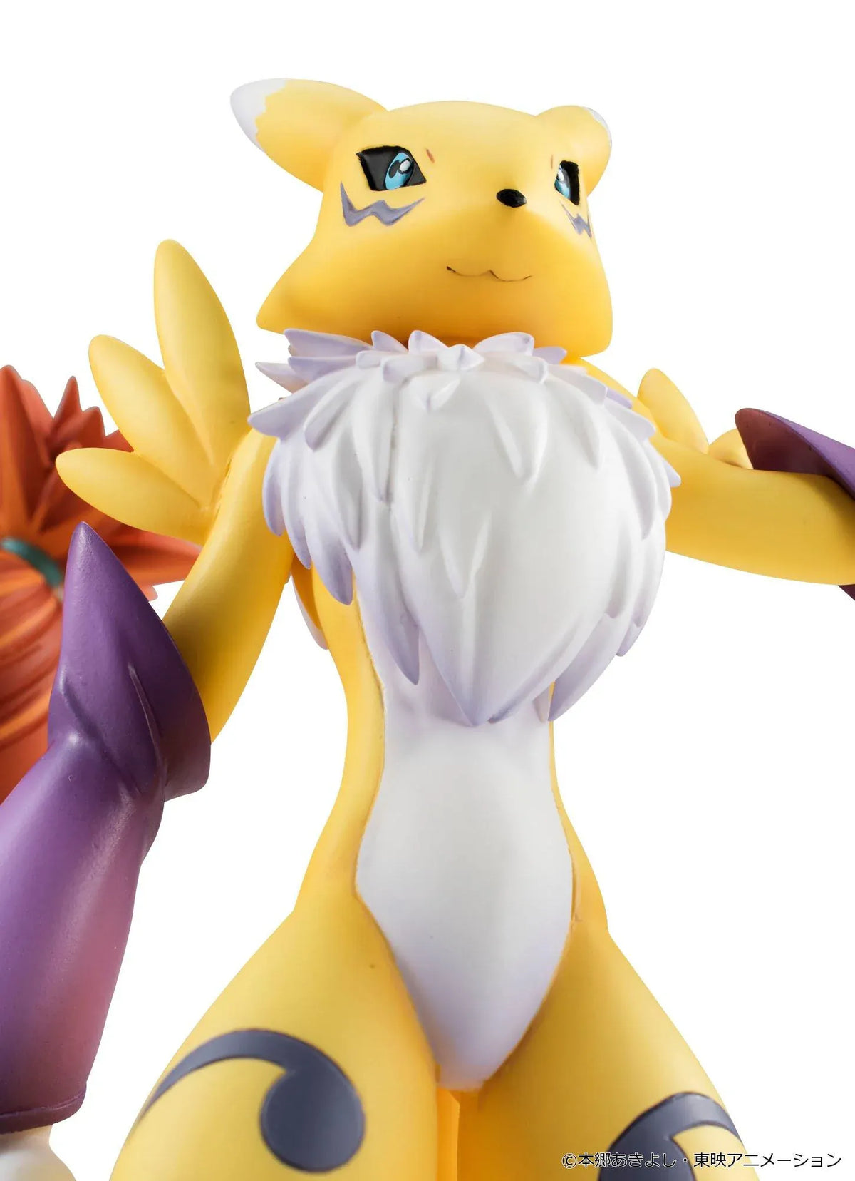 Digimon Tamers G.E.M. Series Renamon and Rika Nonaka figures, with Rika raising a green card beside yellow Renamon wearing purple yin-yang arm guards.