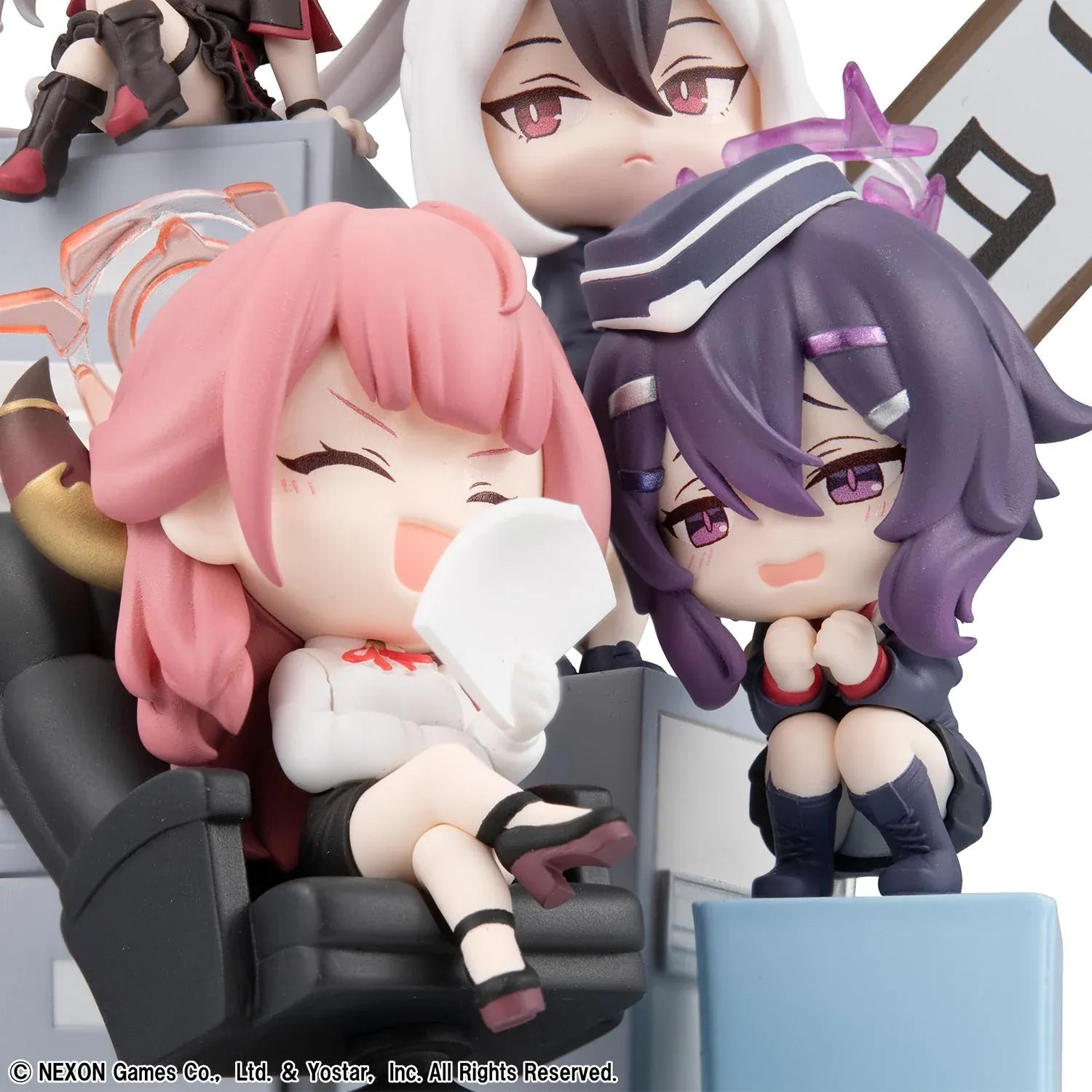 Blue Archive FigUnity Figure featuring multiple chibi-style Blue Archive characters in an office-themed diorama display with furniture, signboard, and colorful effect parts.