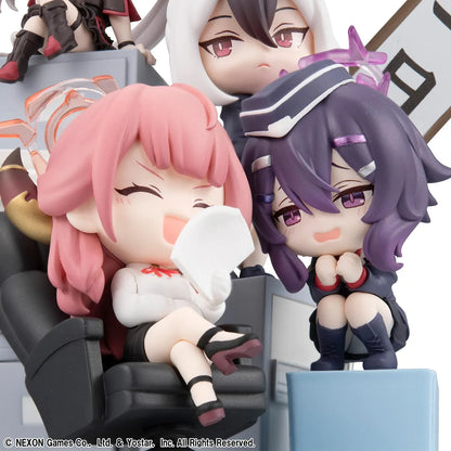 Blue Archive FigUnity Figure featuring multiple chibi-style Blue Archive characters in an office-themed diorama display with furniture, signboard, and colorful effect parts.