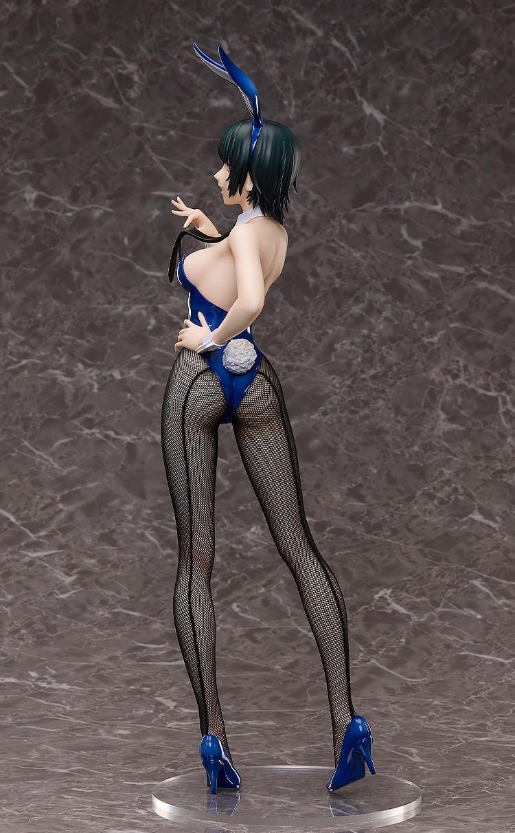 Chainsaw Man B-Style Himeno (Bunny Ver.) 1/4 Scale Figure wearing a glossy blue bunny suit, fishnet tights, and heels, standing confidently.