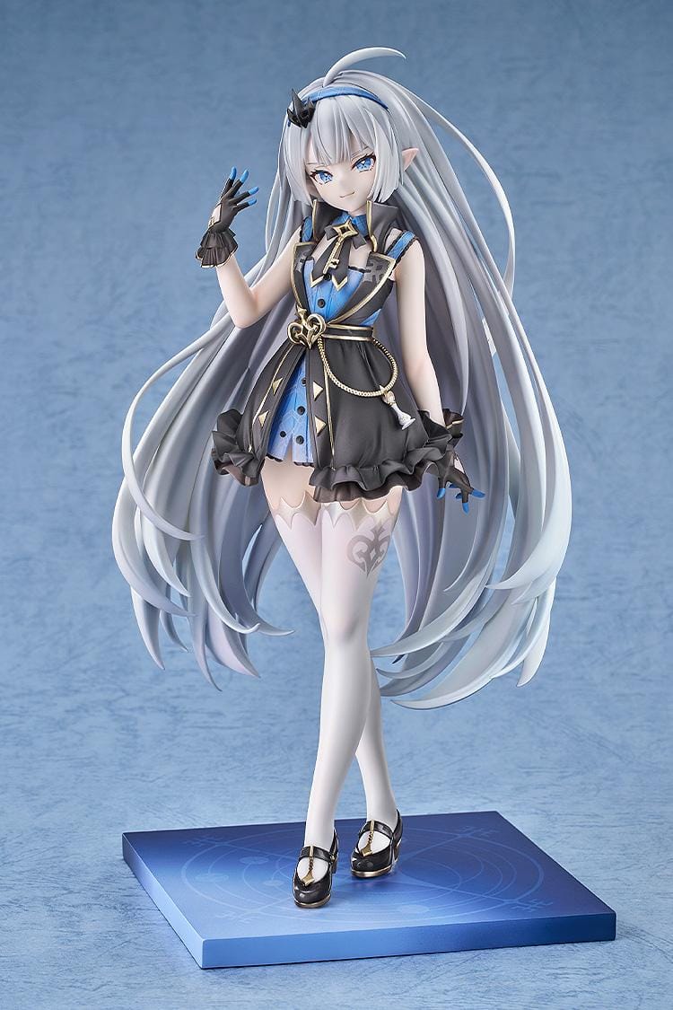 Stella Sora female Tyrant 1/7 scale figure with long silver-blue hair, a black-and-blue ruffled outfit, white stockings, and a blue display base.