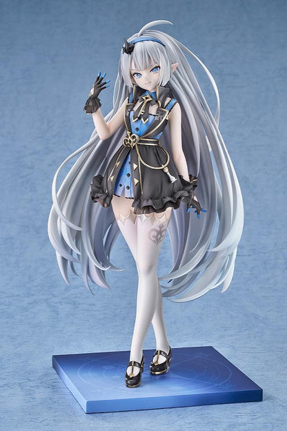 Stella Sora female Tyrant 1/7 scale figure with long silver-blue hair, a black-and-blue ruffled outfit, white stockings, and a blue display base.