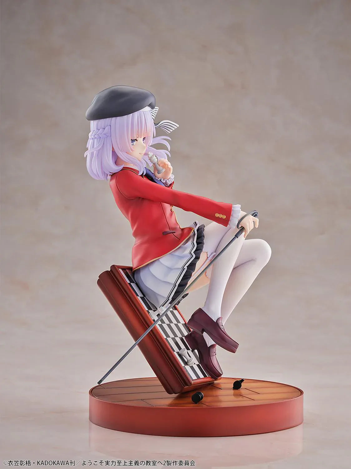 Classroom of the Elite Arisu Sakayanagi 1/7 Scale Figure featuring Arisu seated on a chessboard-style display with beret, red blazer, cane accessory, and round base.