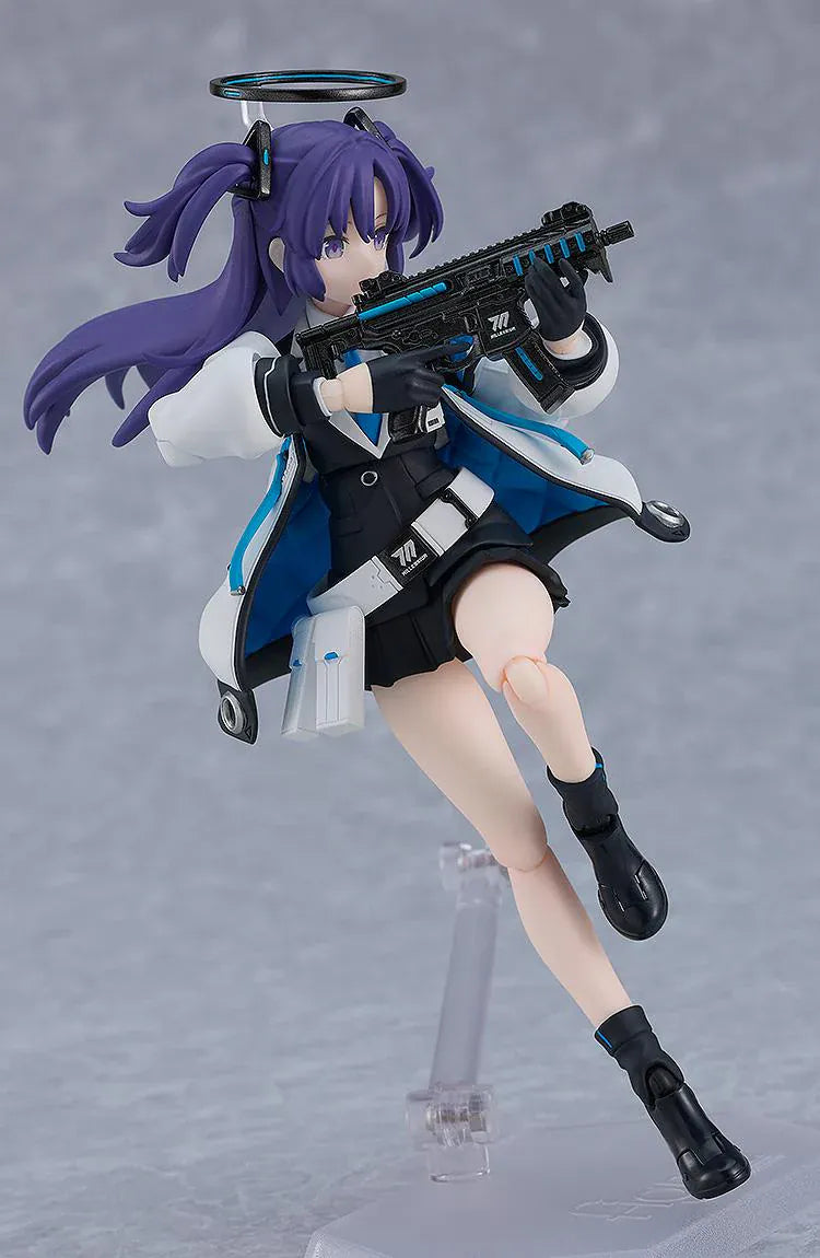 Blue Archive figma Yuuka Hayase Figure Rerelease featuring Yuuka with purple twin tails, academy-style outfit, halo detail, and tactical weapon accessories.