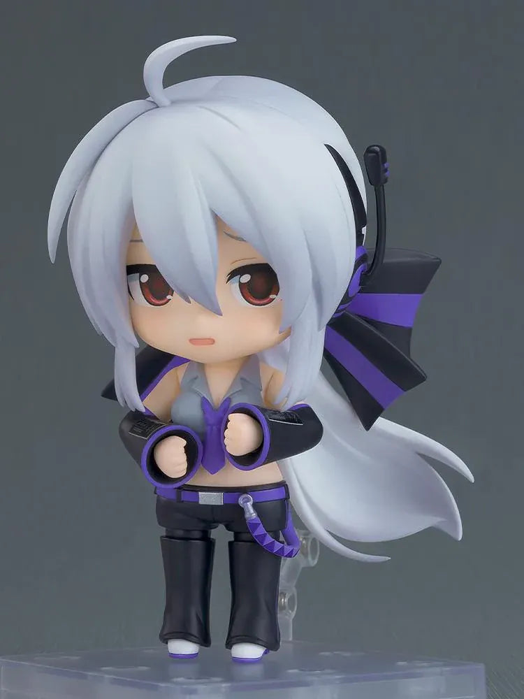Yowane Haku Nendoroid figure featuring silver hair, purple-and-black outfit, interchangeable face plates, and signature sake bottle accessory