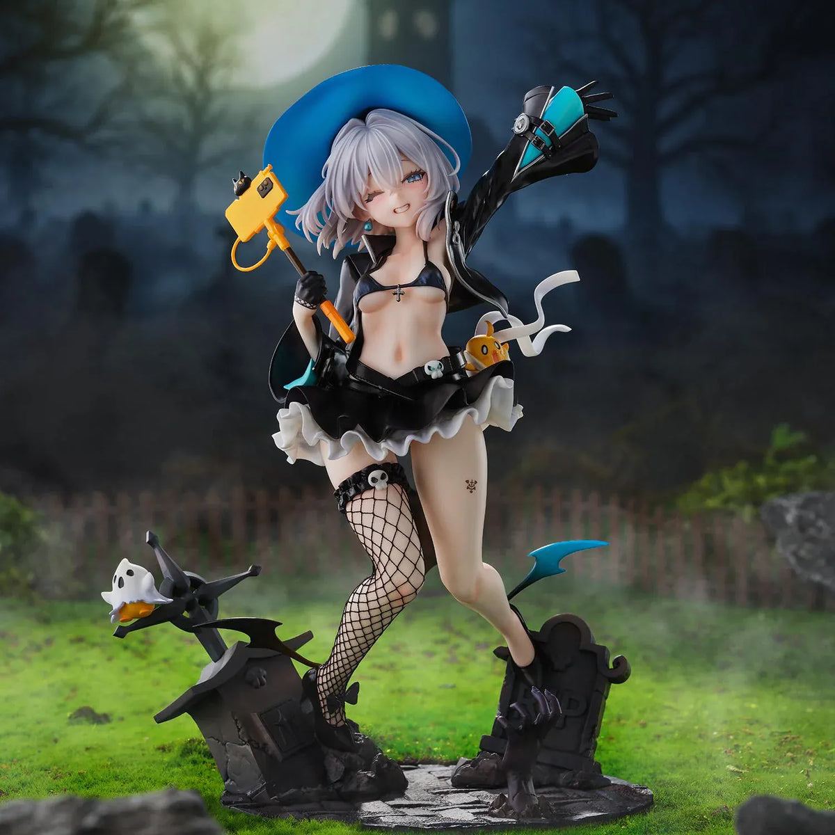 Azur Lane Jade 1/6 scale figure with silver hair, a blue witch hat, and a black ruffled outfit posed above a detailed graveyard base.