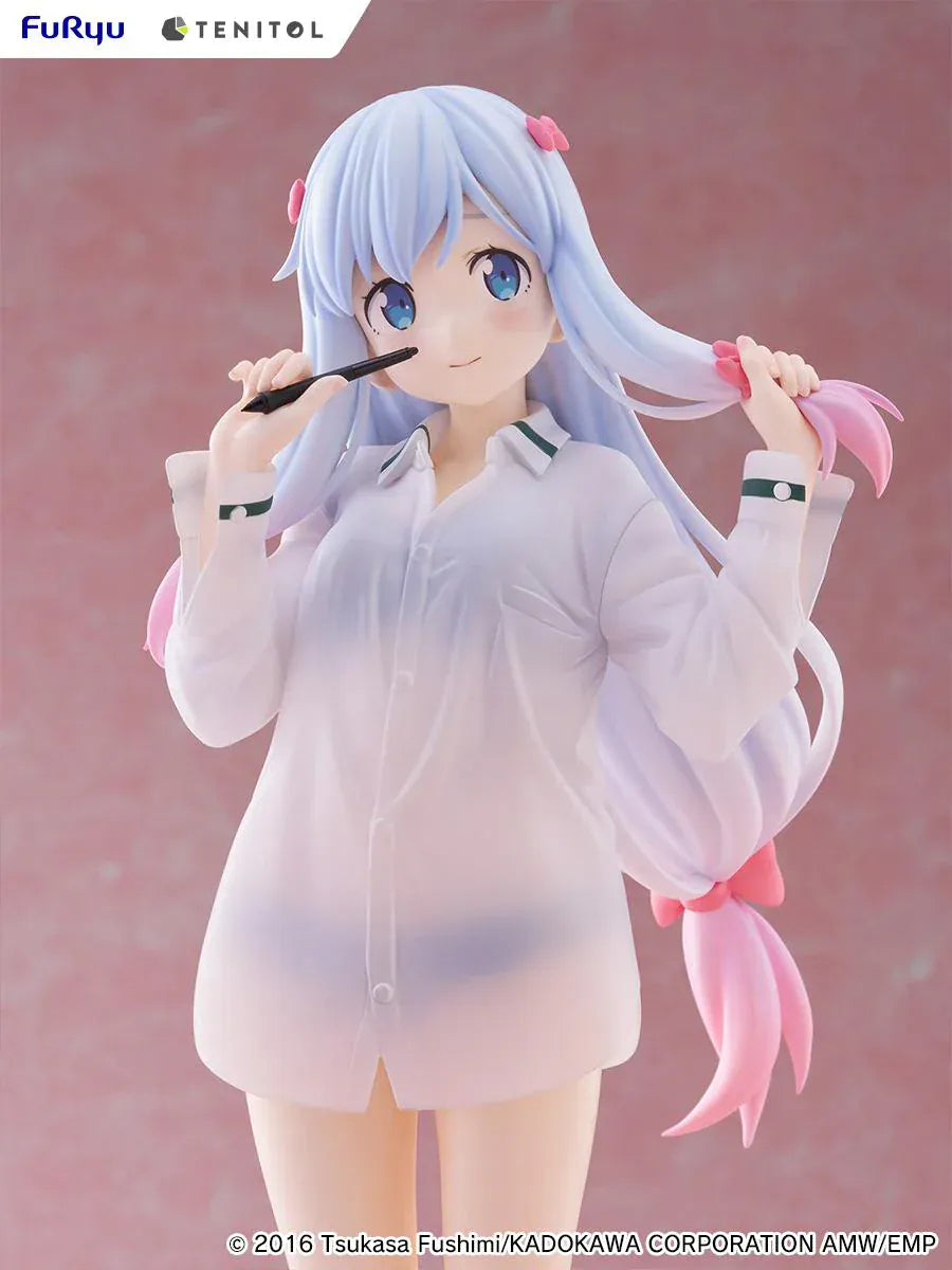 Eromanga Sensei Tenitol Tall Sagiri Izumi (Shirt Ver.) Figure by FuRyu, featuring Sagiri holding a pen while wearing a translucent oversized shirt and smiling softly.