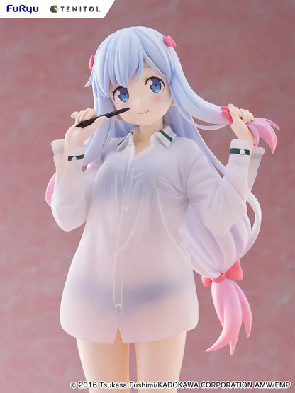 Eromanga Sensei Tenitol Tall Sagiri Izumi (Shirt Ver.) Figure by FuRyu, featuring Sagiri holding a pen while wearing a translucent oversized shirt and smiling softly.