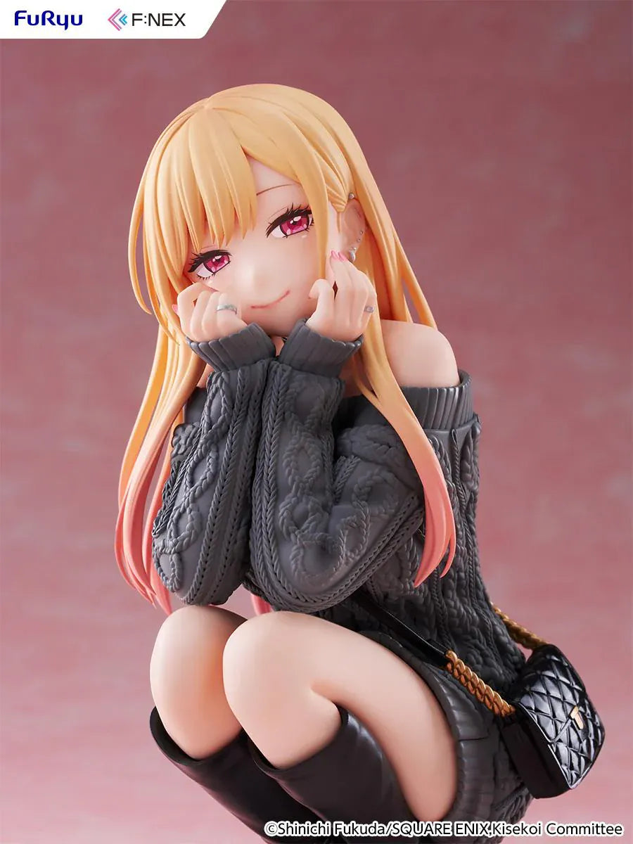 My Dress-Up Darling Kitagawa Marin knit ver. 1/6 Scale Figure featuring Marin with long blonde hair, gray oversized sweater, black boots, quilted bag, and crouching pose.