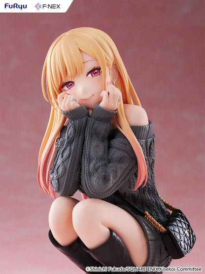 My Dress-Up Darling Kitagawa Marin knit ver. 1/6 Scale Figure featuring Marin with long blonde hair, gray oversized sweater, black boots, quilted bag, and crouching pose.