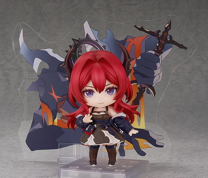 Arknights Nendoroid Surtr Figure rerelease featuring crimson hair, black horns, purple eyes, and her signature oversized sword