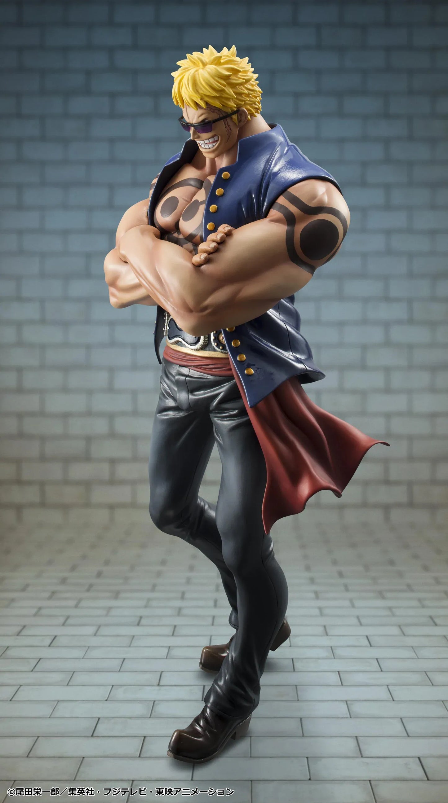 One Piece Portrait of Pirates Bellamy the Hyena Sailing Again Rerelease figure with blonde hair, blue vest, chest tattoo, black pants, and fierce pose