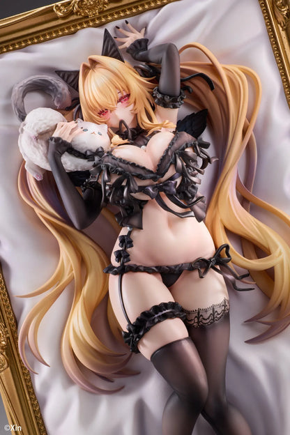 Stella Black Cat Ver. Deluxe Edition 1/7 Scale Figure illustrated by Xin, featuring a blonde-haired catgirl with red eyes, black lace lingerie, cat ears, and thigh-high stockings displayed in an ornate golden frame with a matching illustrated wall scroll.
