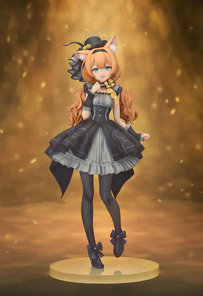Scale figure of Mari from Blue Archive in her Pop Idol outfit, wearing a black and gray frilled dress with cat ears, hat, and ribboned heels on a yellow base.
