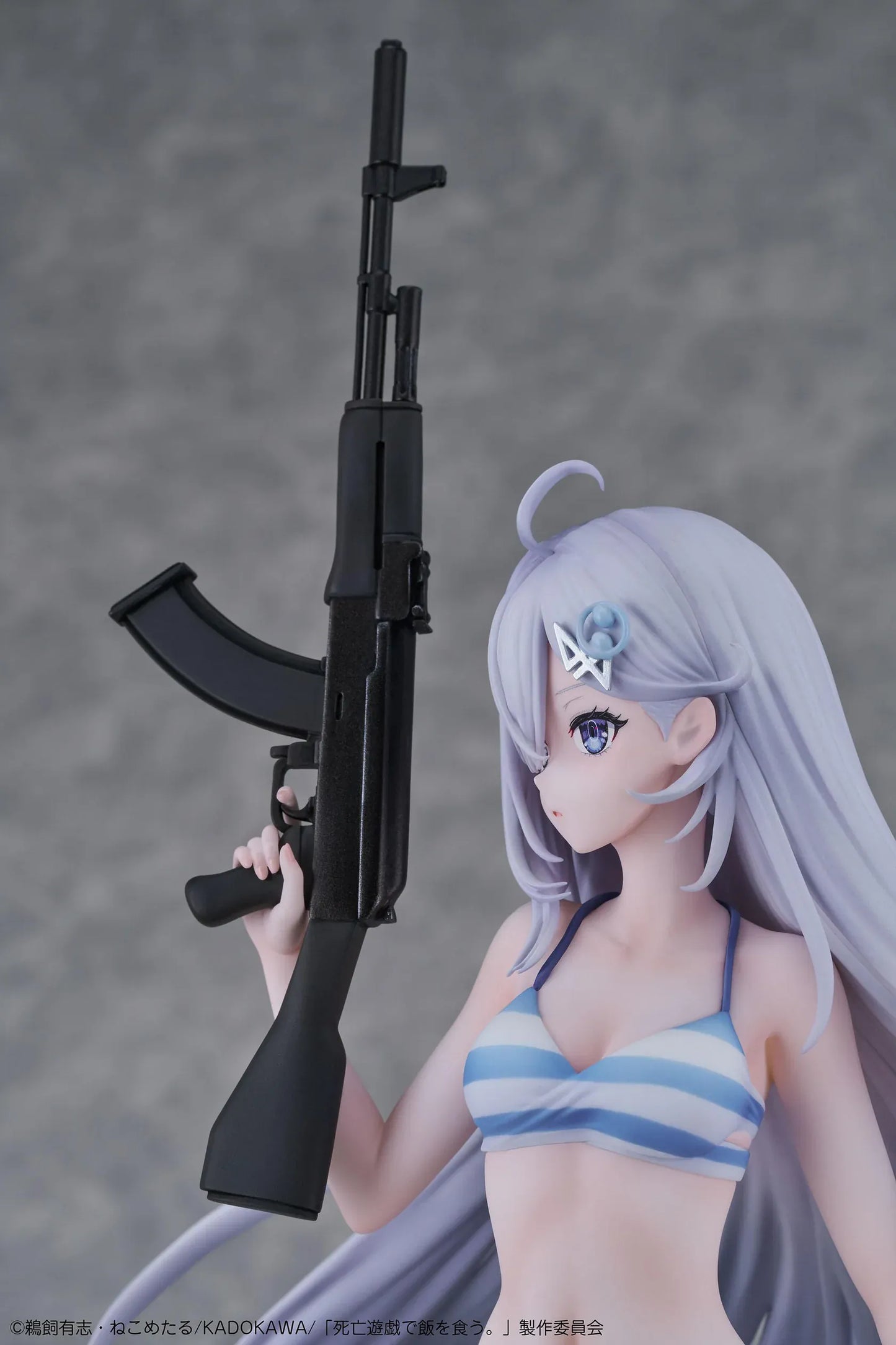 Playing Death Games to Put Food on the Table Yuki 1/7 Scale Figure with long silver hair, blue-and-white outfit, rifle, blade accessory, and display base