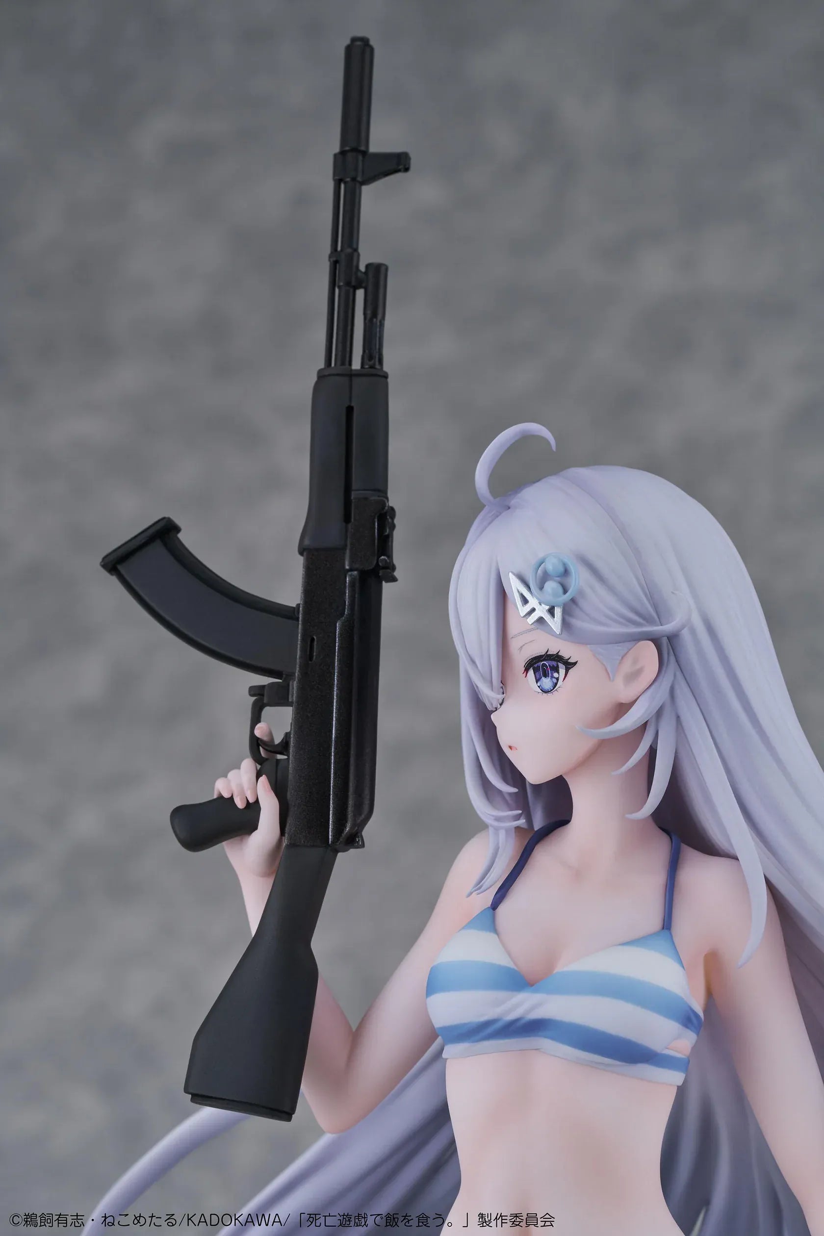 Playing Death Games to Put Food on the Table Yuki 1/7 Scale Figure with long silver hair, blue-and-white outfit, rifle, blade accessory, and display base