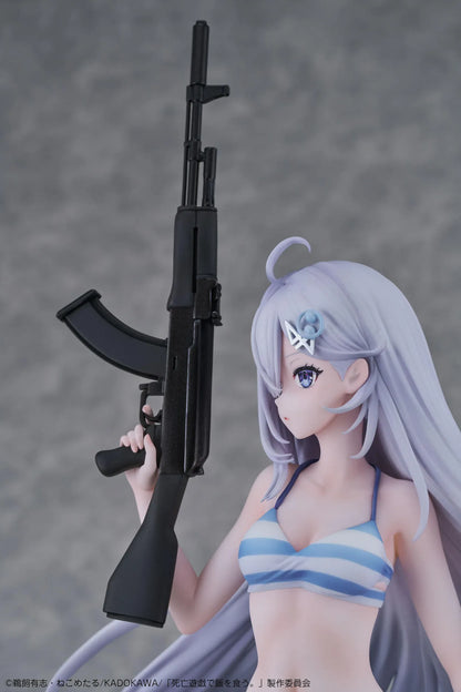 Playing Death Games to Put Food on the Table Yuki 1/7 Scale Figure with long silver hair, blue-and-white outfit, rifle, blade accessory, and display base
