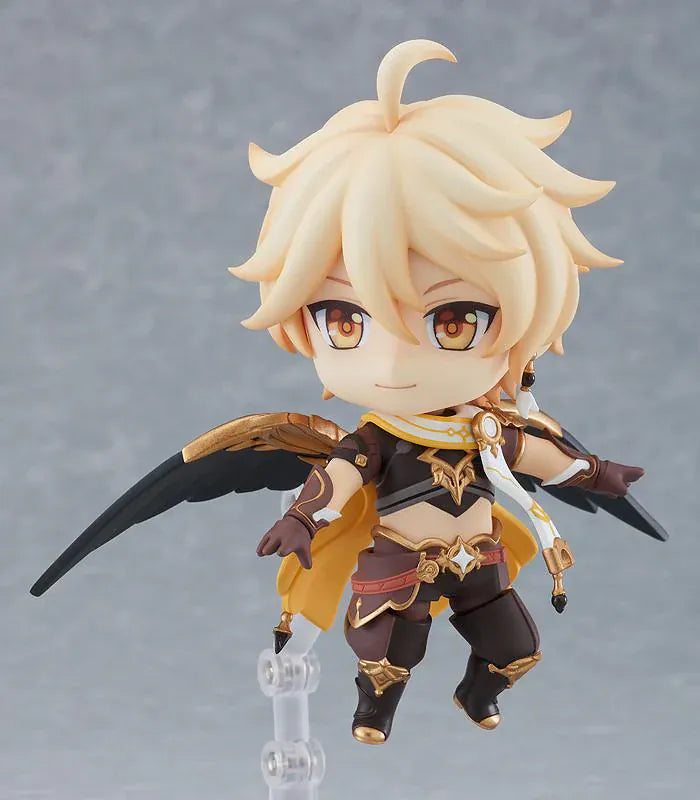Genshin Impact Nendoroid Traveler Figure Aether Rerelease featuring Aether with blonde hair, golden eyes, fantasy outfit details, yellow cape, and sword accessory.