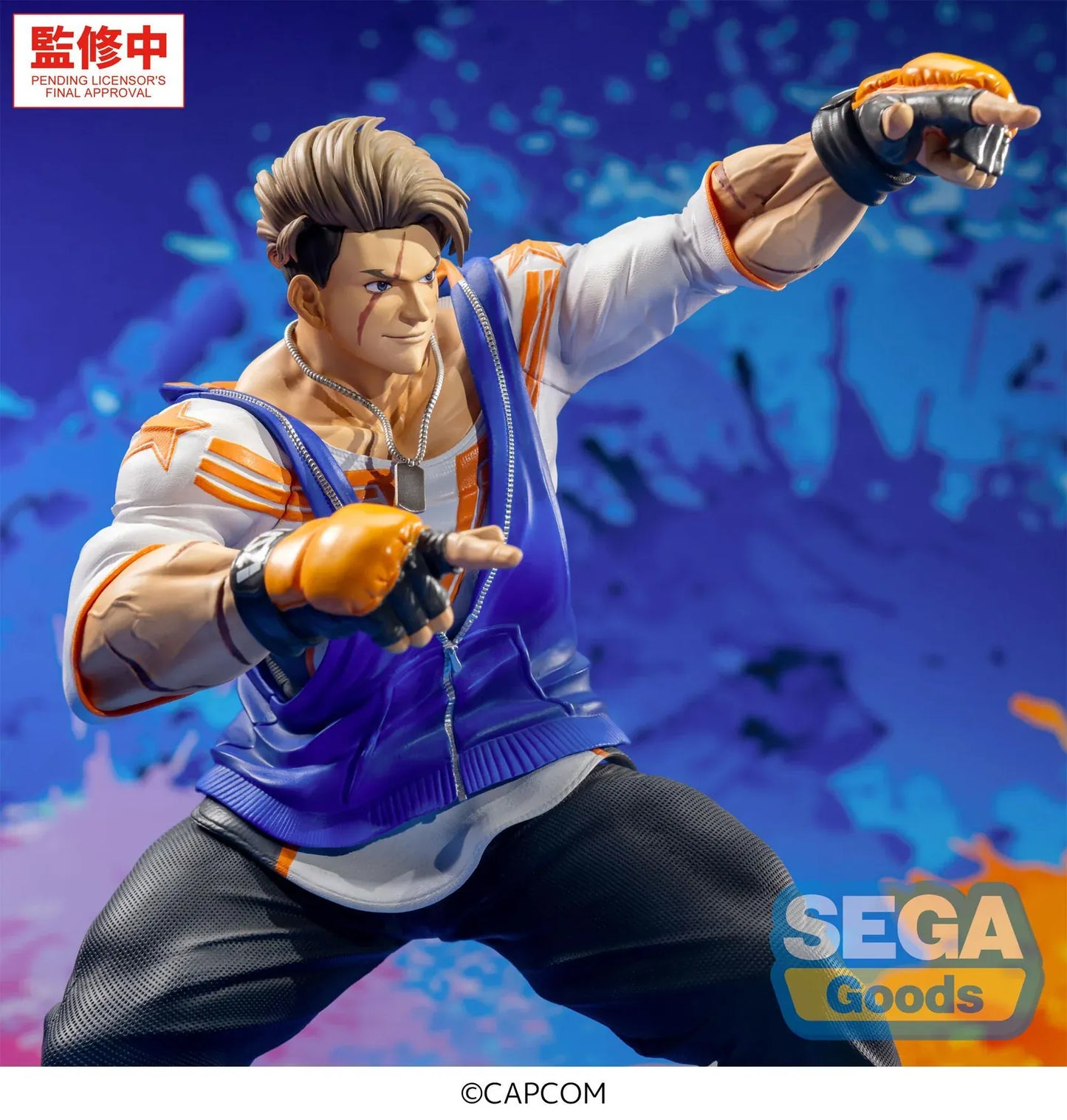 Street Fighter 6 FiGURiZMa Luke Figure in a dynamic fighting stance with blue and orange outfit and fingerless gloves