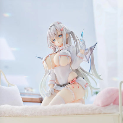 Succubus Nurse Makina figure kneeling in a white and pink nurse outfit with silver hair, batlike wings, a demon tail, and a translucent syringe.