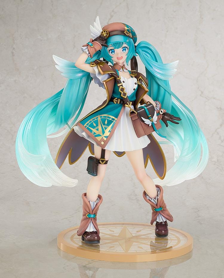 1/7 scale Hatsune Miku 100th Adventure Ver. figure in teal traveler outfit with long twin-tails and compass-style base