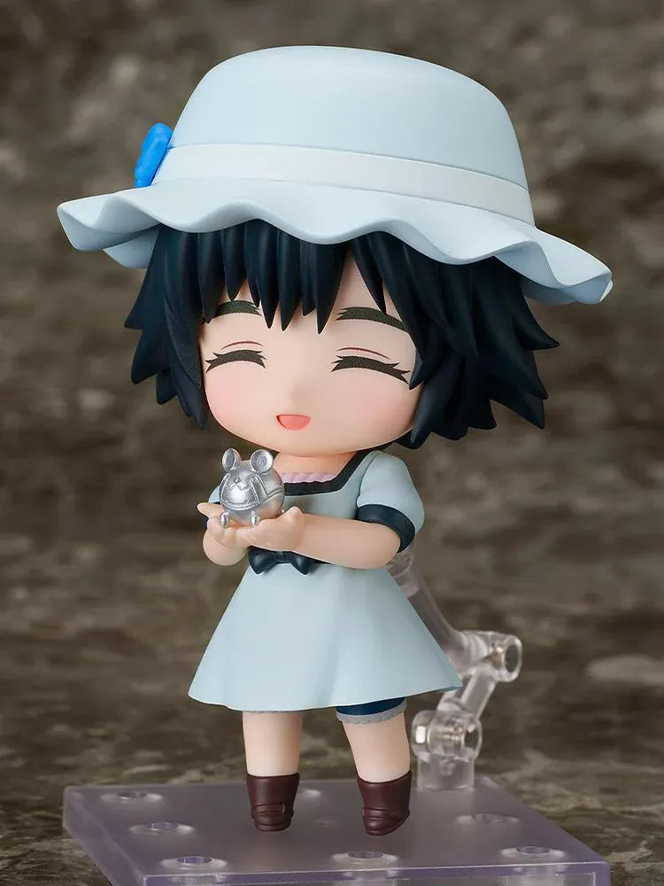 STEINS;GATE Nendoroid Mayuri Shiina 2.0 with short dark hair, blue eyes, a pale blue hat and dress, and brown boots.