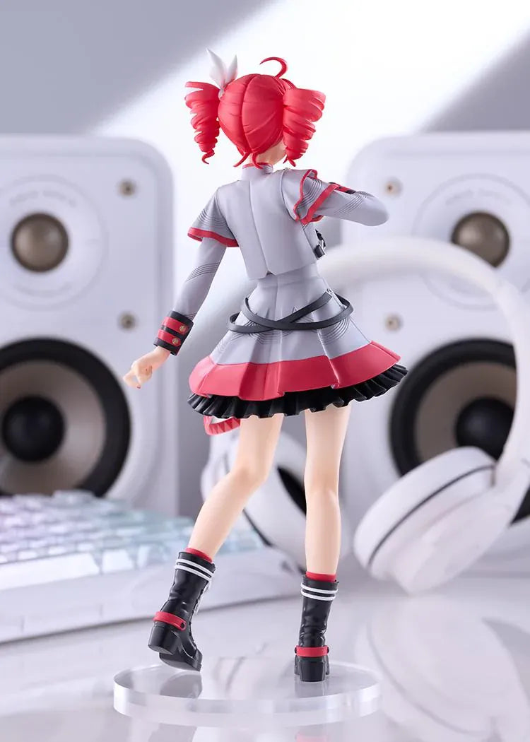 Kasane Teto Synthesizer V AI figure with red drill curls, a gray and red outfit, layered skirt, and black lace-up boots, posed with one hand across her chest.