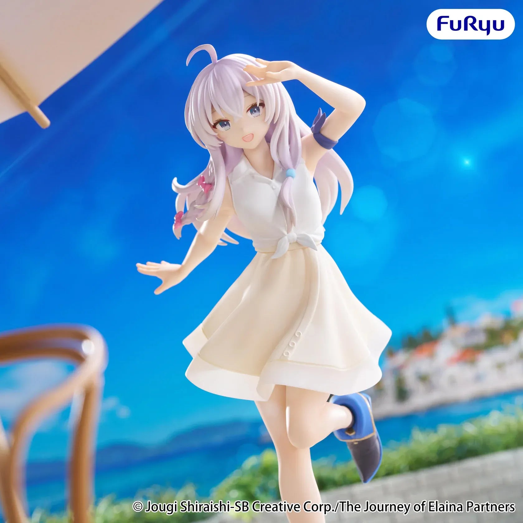Elaina Muchute White Version figure from Wandering Witch The Journey of Elaina in white dress with scenic background