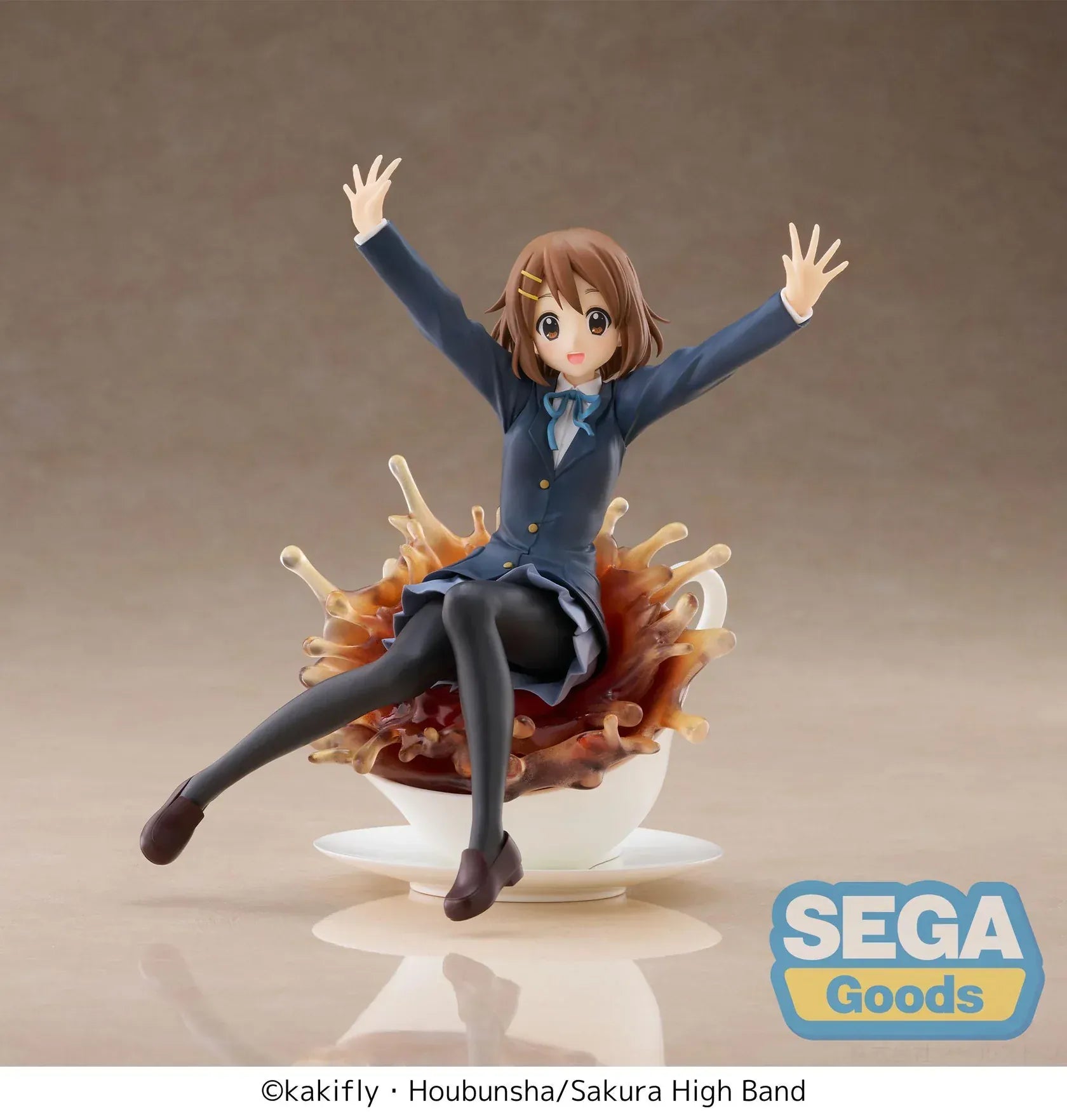 Yui Hirasawa Luminasta figure from K-On sitting on teacup with splash effect and school uniform