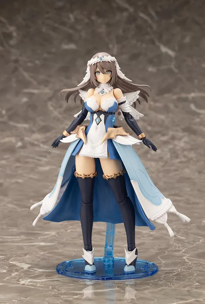 Assembled Arcanadea Ermeda model kit with long brown hair, white feathered wings, a blue and white outfit, gold armor accents, and armored boots.