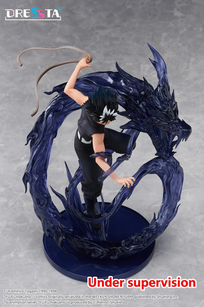 Yu Yu Hakusho Dressta Hiei Figure with black outfit, spiked hair, battle pose, and dark dragon energy effect