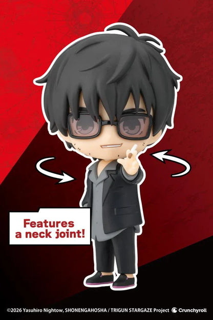 TRIGUN STARGAZE Oshi Works Mini Nicholas D. Wolfwood figure with black hair, tinted glasses, black suit, and raised hand holding a cigarette.