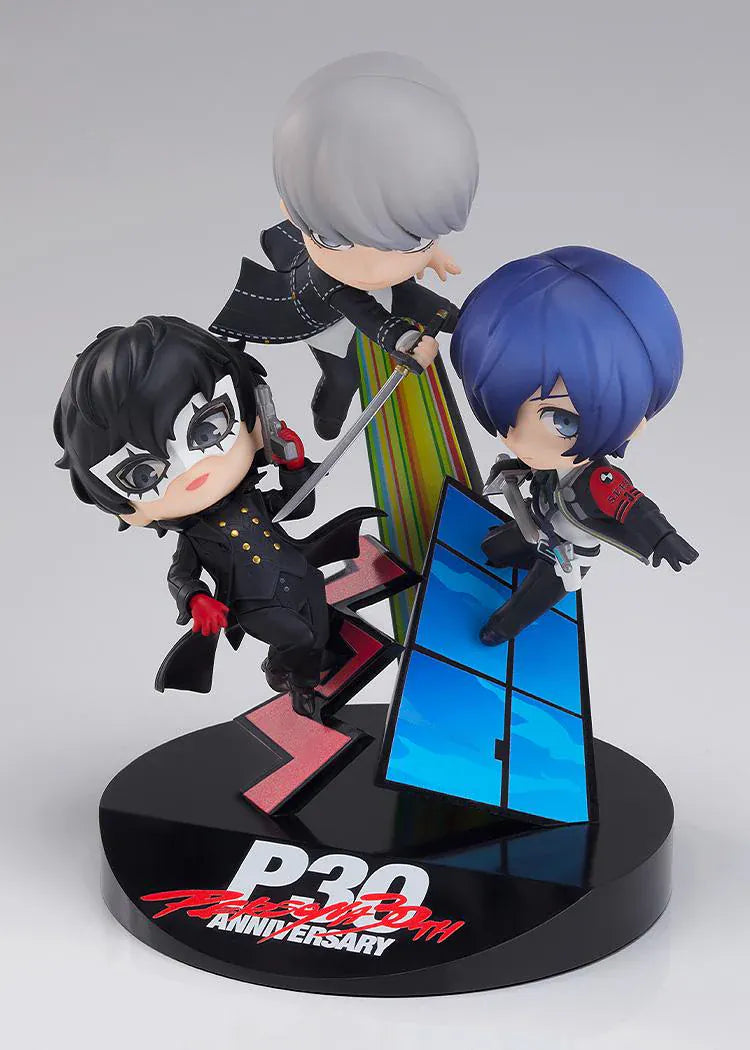 PERSONA 30th ANNIVERSARY Nendoroid More Collaboration Vignette Figure featuring multiple chibi-style Persona characters on a colorful anniversary display base.