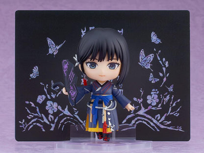Black Desert Nendoroid Woosa figure wearing a traditional blue outfit and holding a black fan accessory