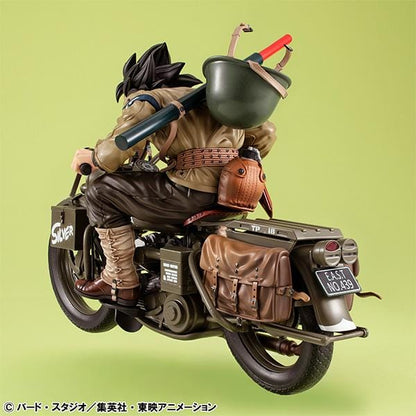 “Dragon Ball Z Desktop Real McCoy EX figure of Kid Goku riding a detailed military-style motorbike with gear and accessories.”