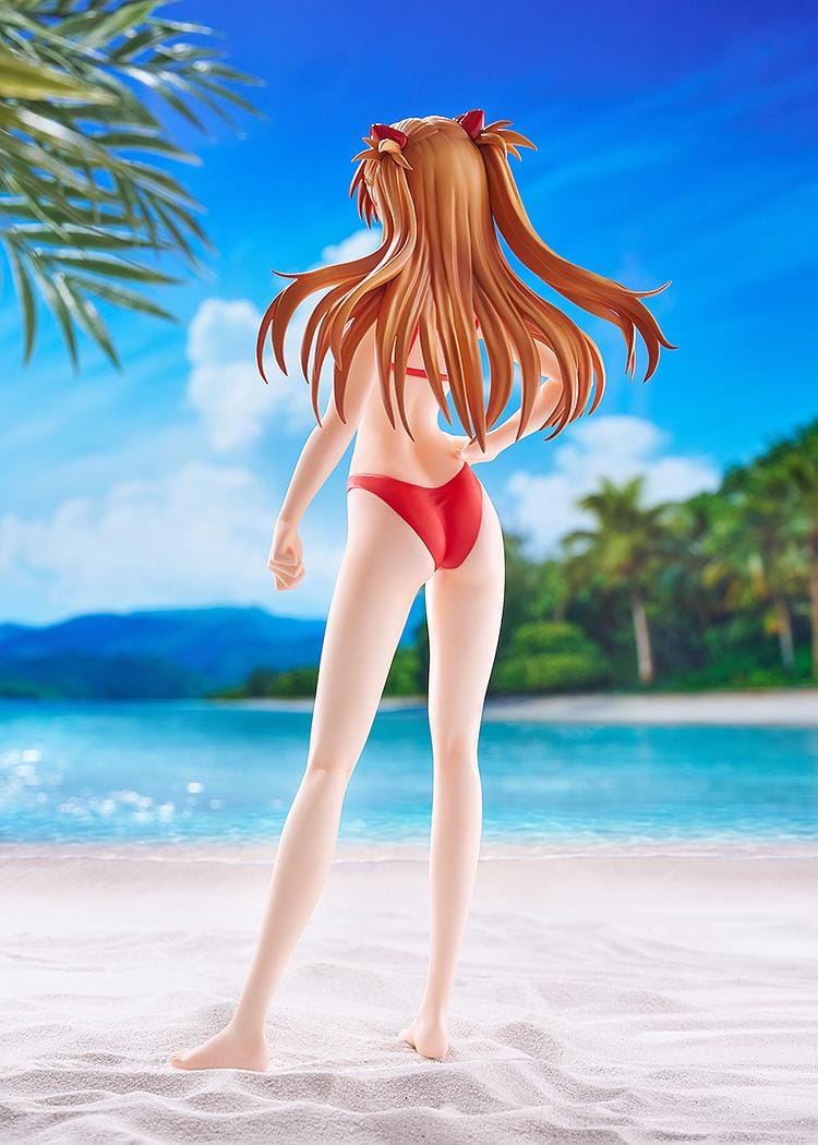 Rebuild of Evangelion POP UP PARADE BEACH QUEENS Asuka Shikinami Langley Bikini Style L Size Figure featuring Asuka with orange hair, blue eyes, and a red bikini.