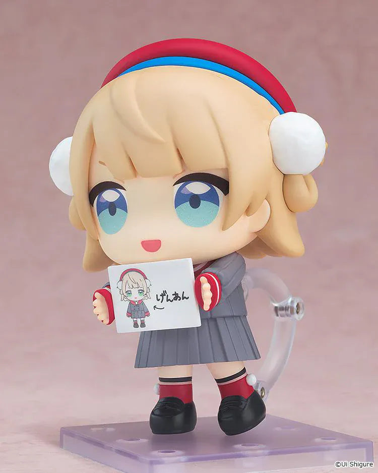 Shigure Ui Nendoroid Uidaga Figure with blonde hair, blue eyes, red headband, fluffy earmuffs, and gray school outfit