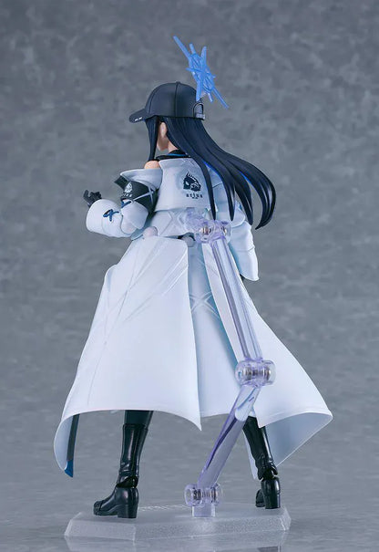 Blue Archive figma Saori Joumae figure featuring Saori in a tactical black outfit, white coat, cap, face mask, and weapon accessory