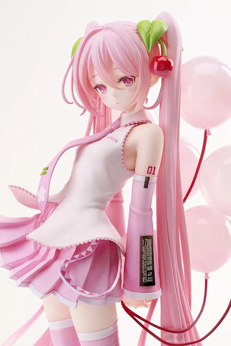 Sakura Miku figure with long pink twin-tails, cherry hair ornaments, a white and pink outfit, pink boots, and translucent balloons on a floral pink base.
