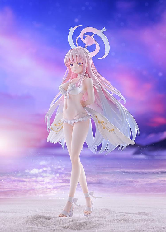 Blue Archive Mika Swimsuit figure with long pink and lavender hair, a white ruffled swimsuit, halo, feathered wings, and ribbon heels on a purple base.