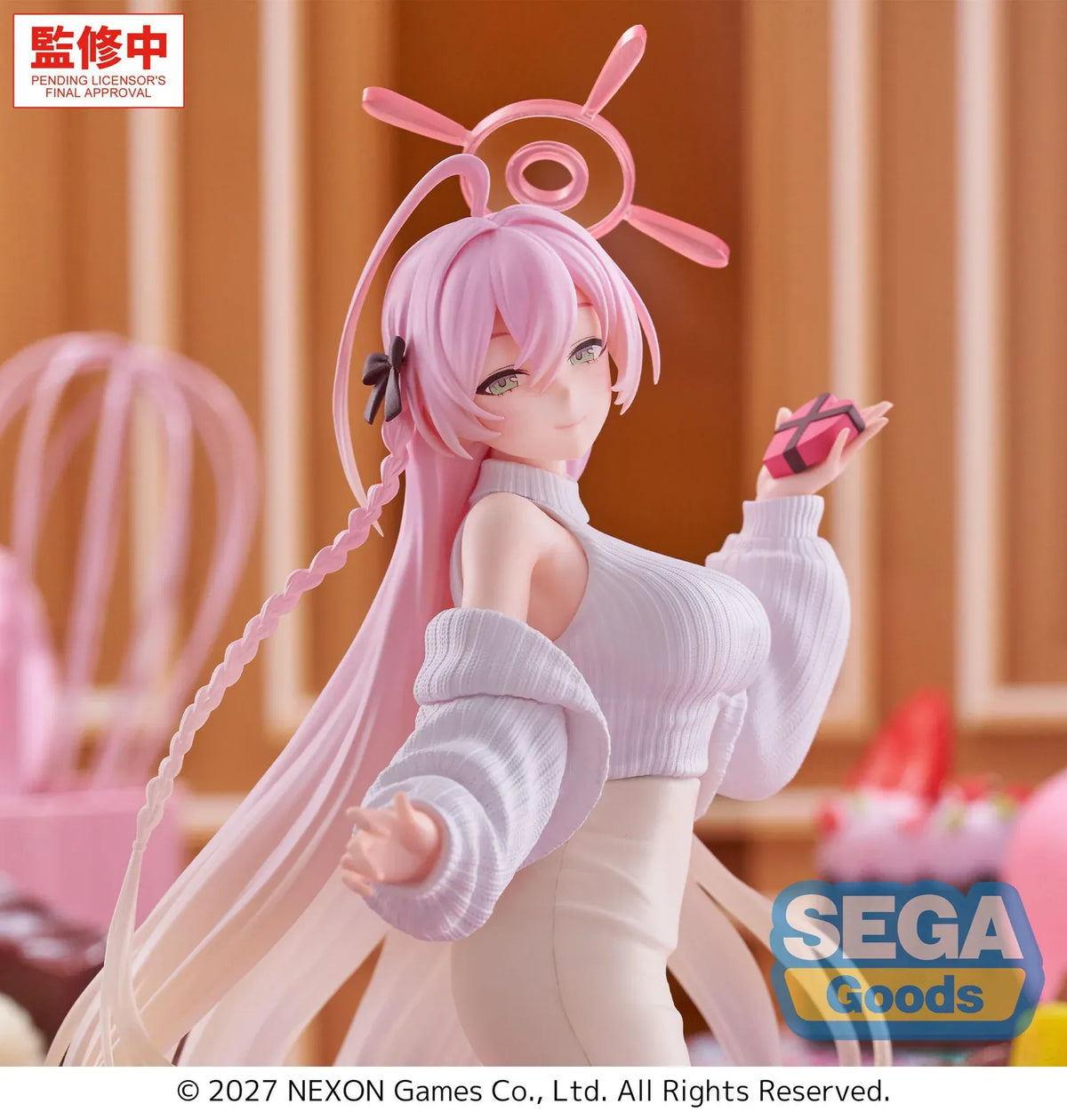 Blue Archive XStellar Hanako Happy Valentine figure holding a chocolate gift while standing on a red heart-shaped base