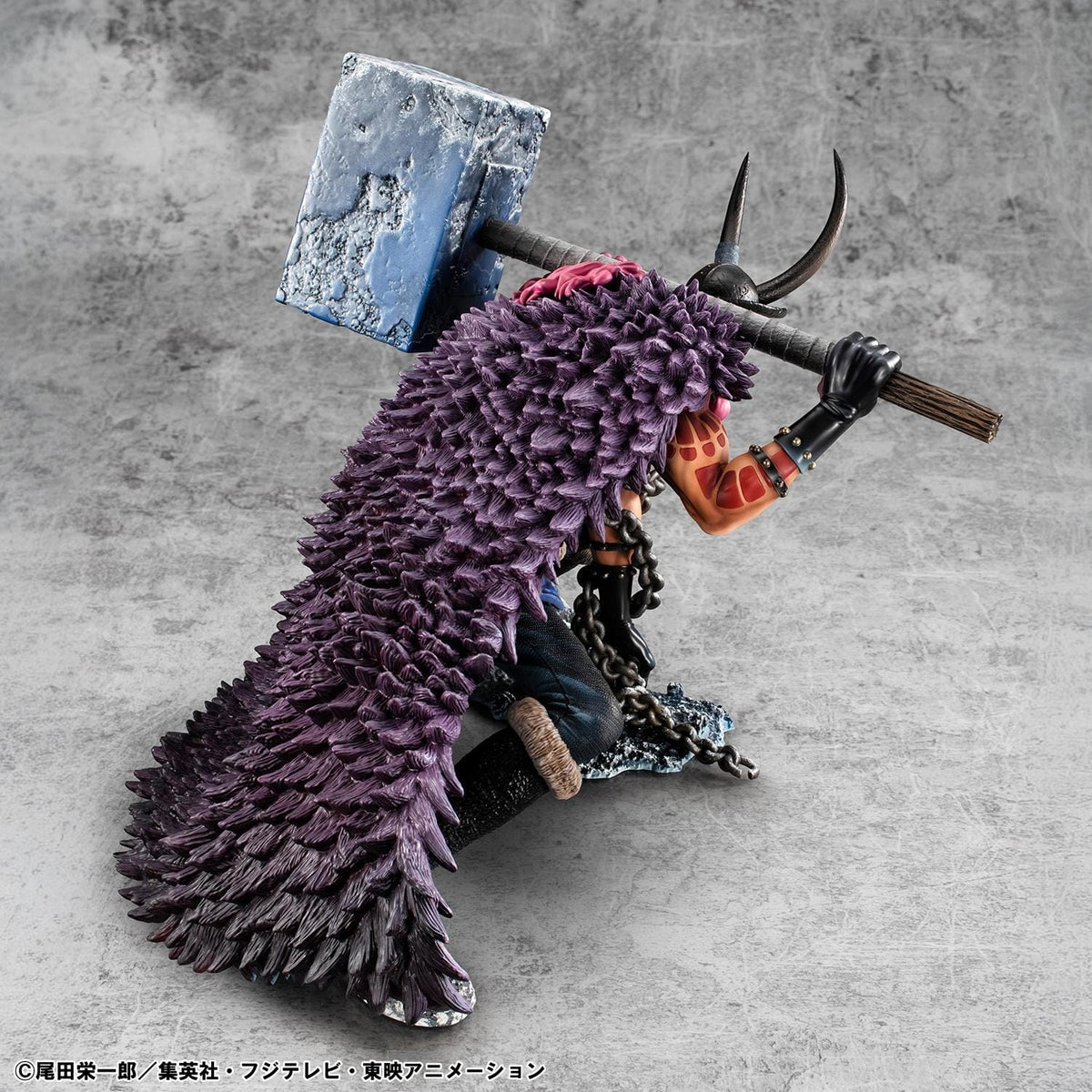 One Piece Portrait of Pirates ELB-Maximum Loki figure crouching with a massive hammer, horned helmet, pink braids, purple cloak, and chains on a rocky base.