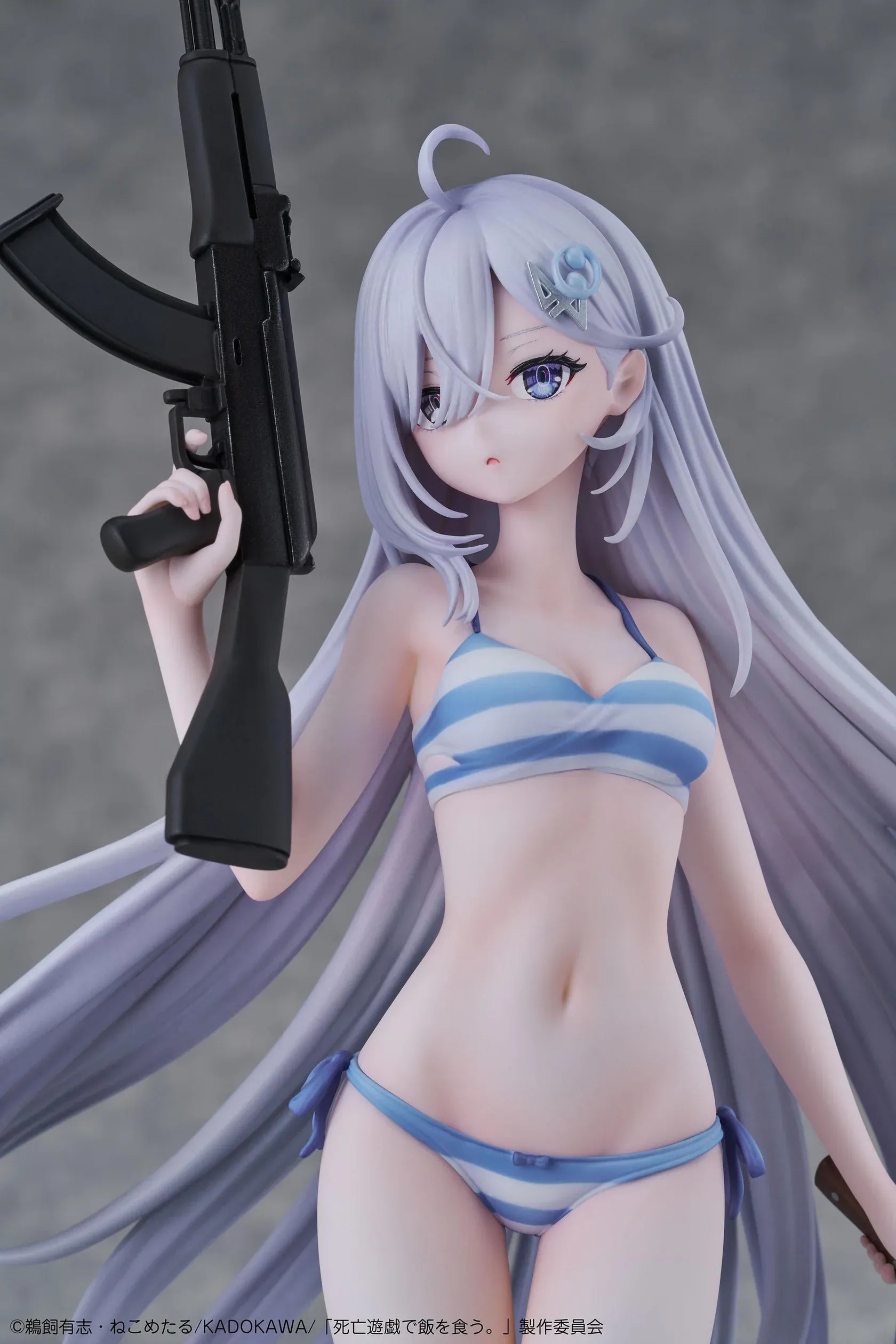 Playing Death Games to Put Food on the Table Yuki 1/7 Scale Figure with long silver hair, blue-and-white outfit, rifle, blade accessory, and display base